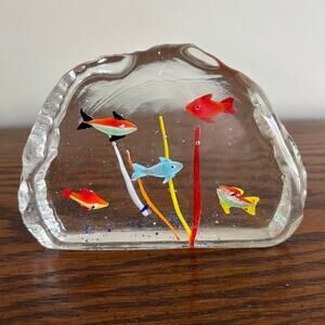VTG Murano Style Art Glass 5 Fish Fish Tank Aquarium Paperweight Sculpture